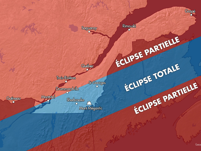 Attention! Seules certaines régions du Québec permettront de vivre une éclipse solaire totale. © Astrolab du Mont-Mégantic